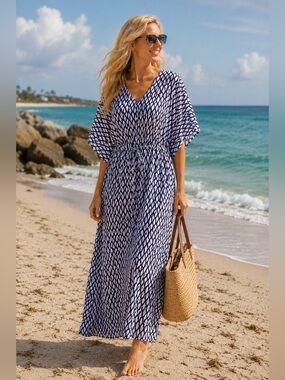 🏝️Talbots Navy & White Geometric Print Caftan Cover-Up Dress Size Small🏝️